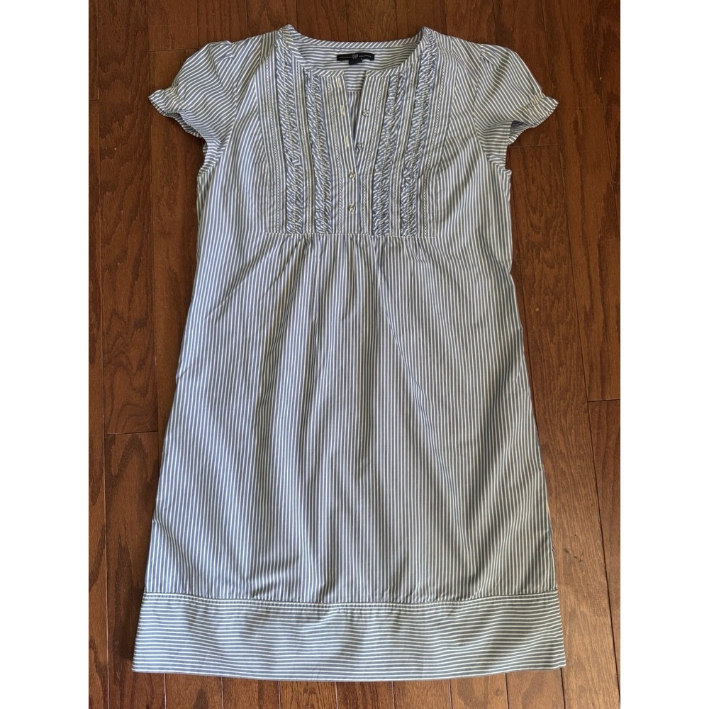 Gap Blue White Striped Dress Sz 8 Cotton Pintuck Short Sleeve Boho Casual